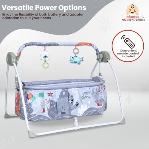 Image of Infantso Iron Baby Cradle Swing for New Born Baby with 3 Point Safety Harness, Hanging Toys, Soothing Lullabies Music, Cradle for 0 to 2 Years Baby Boys and Girls Baby Jhula (Grey, Animal)