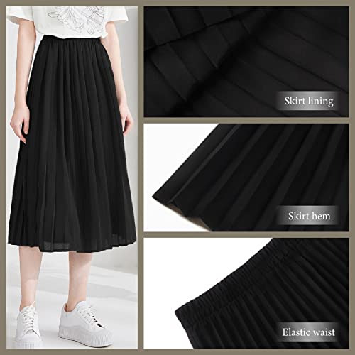 Basoteeuo BASOTEEUO-SKIRTS-LE-BLACK-M Black Pleated Skirt For Women Midi Length Summer High Waisted A Line Elastic Waist Skirts M thumb #4