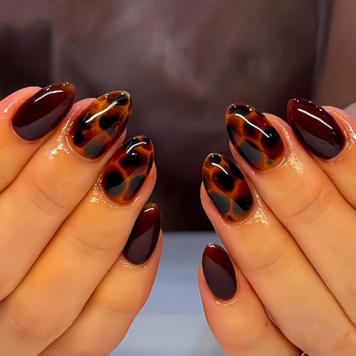 Short Almond Press on Nails Black Brown Fake Nails with Tortoise Shell Designs Cute Nails Press ons Leopard Print False Nails Gel Artificial Nail Cute Acrylic Nail Stick on Nails for Women 24Pcs