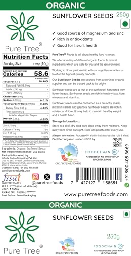 Image of Pure Tree Certified Organic Sunflower Seeds | 250 g | Surajmukhi ke Beej | Raw Sunflower Seeds | Organic Seeds for Eating Rich In Healthy Fats & Fiber