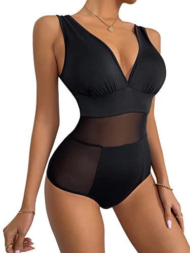 SheIn Damen Tank Body Tiefer V Ausschnitt Mesh Stretchy Bodysuit Casual Bodies mit Netz – Bild 4