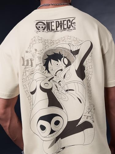 Image of The Souled Store One Piece: Pirates Men and Boys Short Sleeves Round Neck Beige Graphic Printed Anime Casual Drop Shoulder Streetwear Lightweight Cotton Oversized T-Shirt