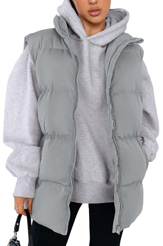 PRETTYGARDEN Women's Puffer Jacket Vests 2026 Fall Casual Sleeveless Stand Collar Zip Up Coats Warm Winter Outerwear (Light Grey,Large)