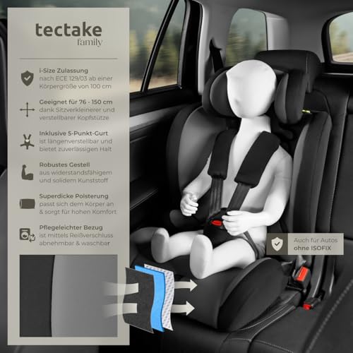 tectake® Autositz mit 5-Punkt-Gurt, i-Size Zulassung, mit Seitenaufprallschutz, Kindersitz Sitzerhöhung für Kinder von 76-150 cm, bis 36 kg, Kindersitzerhöhung, ohne Isofix - dunkelgrau/schwarz