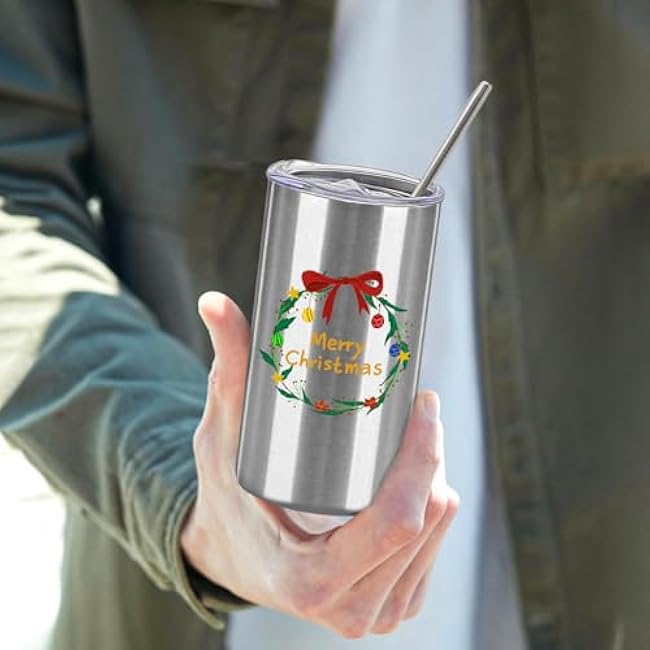 16 Pack Tumblers Blanks Bulk Skinny Straight Tumbler Stainless Steel Double Wall Insulated Water Bottles with Lid & Straw for DIY Gift, 12oz Silver