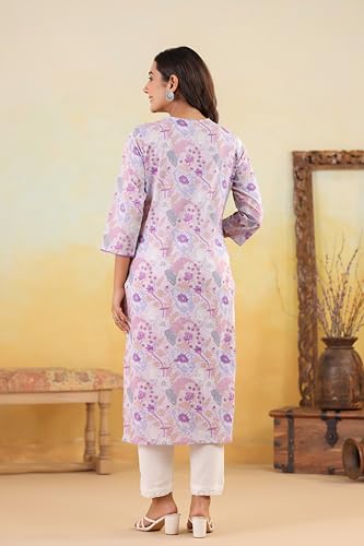 Image of Ichaa Women's Pure Cotton Embroidered V-Neck Ethnic Kurta with 3 /4th Sleeve for Daily and Office Wear, in Plus Sizes
