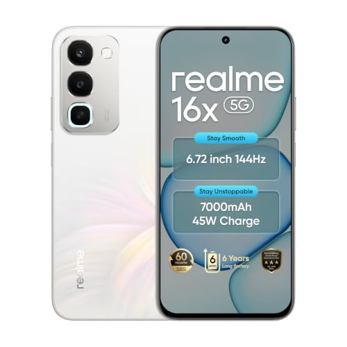 Image of realme 16X 5G Smartphone 7000mAh Titian Battery 6.8 inch 144Hz Display 4GB RAM 128GB ROM 50MP AI Main Camera, MediaTek Dimensity 6300 Chipset, 45W Fast Charge, Android 16, IP65 White