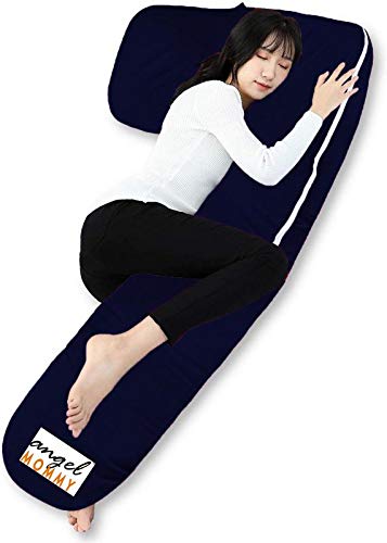 Angel Mommy Pregnancy Body Pillow with Cotton Zippered Cover, L Shaped Full Body Pillow for Pregnant Women (Dark Blue)