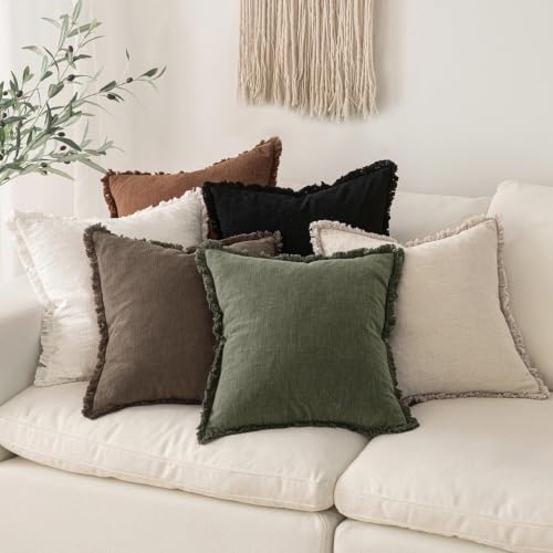 Image of MIULEE Linen Fringe Decorative Fall Pillow Covers Chocolate Brown 12x20