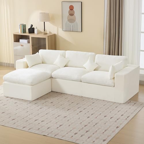 Image of 115''Cloud Boneless Sectional Couch, Modular Sectional Sofa Deep Seat with Ottoman, Oversized Upholstered Convertible Comfy 4 Seater Chenille Sofa L Shape Couches for Living Room, Beige