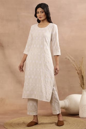Image of W for Woman Beige Floral Embroidered Cotton Kurta and Pants Set