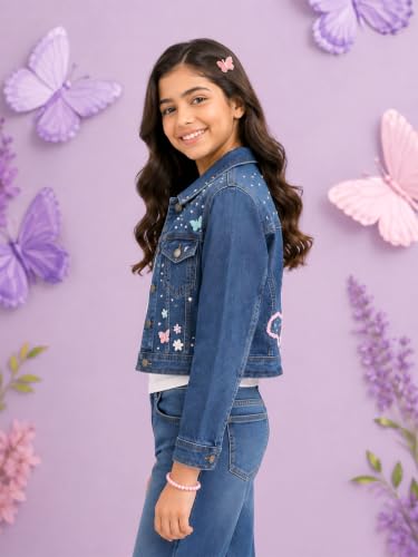 Image of Girls Full Sleeve Solid Crop Denim Jacket
