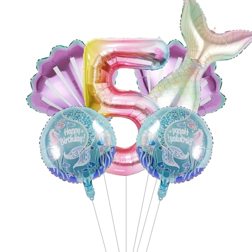 Image of Mermaid Birthday Decorations Mermaid Balloons - Number 5 Balloons for Girls Under The Sea Mermaid Theme Baby Shower Birthday Favors