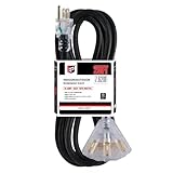 EP 25 Ft 12 Gauge Heavy Duty Extension Cord, 15A 125V 1875W, 3 Outlet Indoor/Outdoor Power Cord with Lighted End, 12/3 SJTW Weatherproof Black, UL Listed