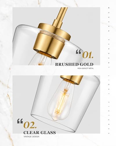 Image of 2-Pack Gold Pendant Lights Kitchen Island, 6 inch Clear Glass Shade | Modern Kitchen Pendant Lighting Over Island for Dining Room, Adjustable Height, E26 Base, Brushed Gold, AD-22004-1P2-GD-C
