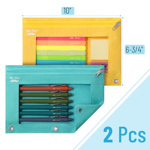 Image of Mr. Pen- Pencil Pouch for 3 Ring Binder, 2 Pack, 10 inchx6.75 inch, Smooth Zipper | Clear Window, Large Capacity Pencil Case with 3 Reinforced Grommets for School, Office, Supplies Storage | Clear Window, Large Capacity Pencil Case with 3 Reinforced Grommets for School, Office, Supplies Storage