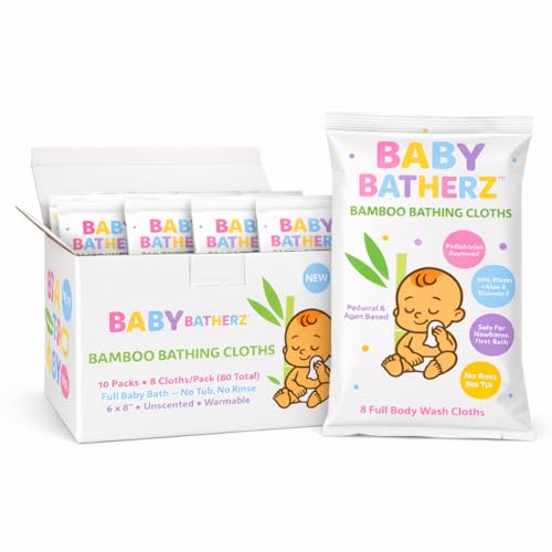 Baby Batherz™ Premium Newborn Bathing Cloths – No-Rinse Full Body Baby Bath, Umbilical Cord Care Safe, Newborn Bath No-Tub, Warmable, New Mom Essential, Not Diaper Wipes. 80 Total (10-Packs)