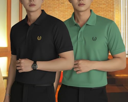 Image of MACK JONNEY Men's Solid Polo T-Shirt | Premium Cotton Blend | Regular Fit | Short Sleeve | Collared Casual Wear|Pack of 2 -MJ-157