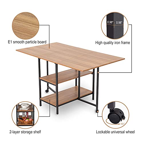 Kotpop Folding Dinner Table, Drop Leaf Folding Extension Dinner Table For Kitchen, Farmhouse Room, Space Saving Table With 2 Storage Racks And 2 Wheels, Natural #TOP2