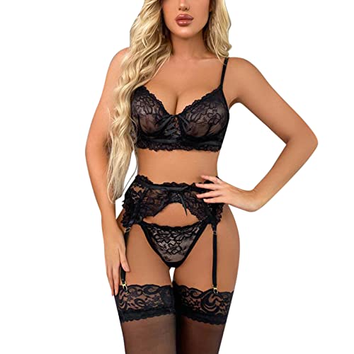 Ensemble lingerie dentelle trois pièces pour femme avec imprimé tendance et jarretière anneau