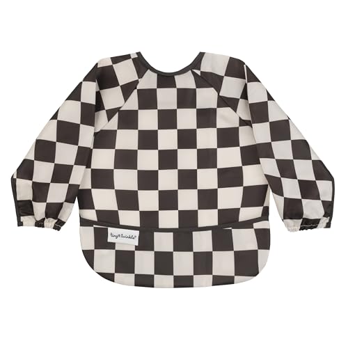 Image of Tiny Twinkle Long Sleeve Bib for Babies & Toddlers | Waterproof Smock Bib for Eating | Machine Washable & Mess-Proof Feeding Essentials | Newborn Shower Gift (Checkers Black, 6–24M)