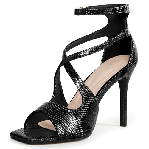 Allegra K Allegra K Women's Ankle Strap Square Toe Crisscross Embossed Stiletto Black Heels Sandals 9 M US