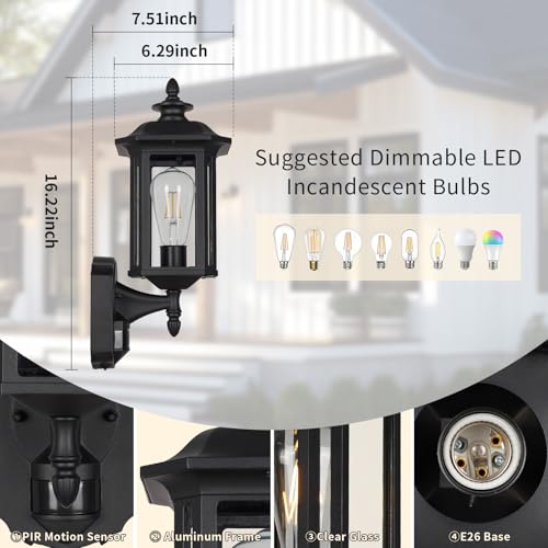 Image of JYO 16 inch Motion Sensor Outdoor Wall Light Fixtures, Outdoor Wall Sconce with Seeded Glass & E26 Socket Matte Black Wall Mount Exterior Waterproof Wall Lantern for House Front Door Garage (01-BK-MA)