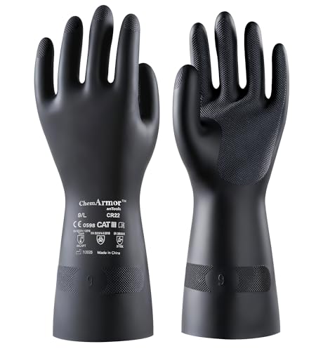 Antools Heavy Duty Rubber Safety Work Gloves, Chemical Resistant Latex Gloves For Cleaning, Acid & Alkali Protection, Hazmat Use, Black, X-Large