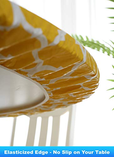 Rally Home Goods Indoor Outdoor Patio Round Fitted Vinyl Tablecloth, Flannel Backing, Elastic Edge, Waterproof Wipeable Plastic Cover, Yellow Moroccan Trellis Pattern For 6-Seat Table 43-56’’ Diameter #TOP3