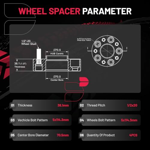 Image of BDFHYK 5x4.5 Wheel Spacers 1.5 inch(38mm) Spacers 5x114.3 Thread Pitch 1 /2-20 Stud & 70.5 mm Center Bore, Compatible with Lincoln Town, Mustang Edge Crown Victoria Ranger Explorer, Set of 4