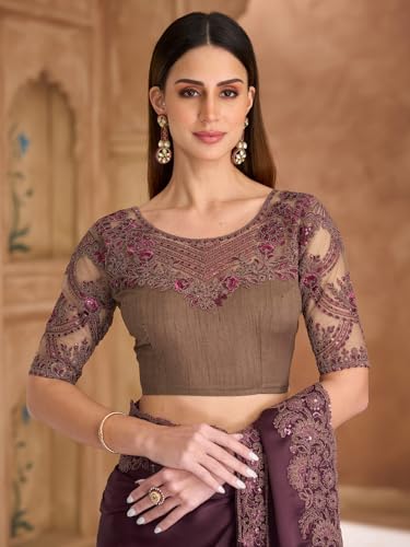 Image of AKHILAM Women's Satin Sequence Embroidery Saree With Unstitched Blouse Piece(SNDLWOD1601 TFH Parent)