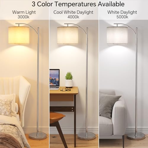 Image of SUNMORY Arc Floor Lamp, Modern Floor Lamp with 9W 3 Color Temperatures Bulb, Metal Standing Lamps with Adjustable Hanging Lampshade, Tall Floor Lamps for Living Room, Bedroom, Office
