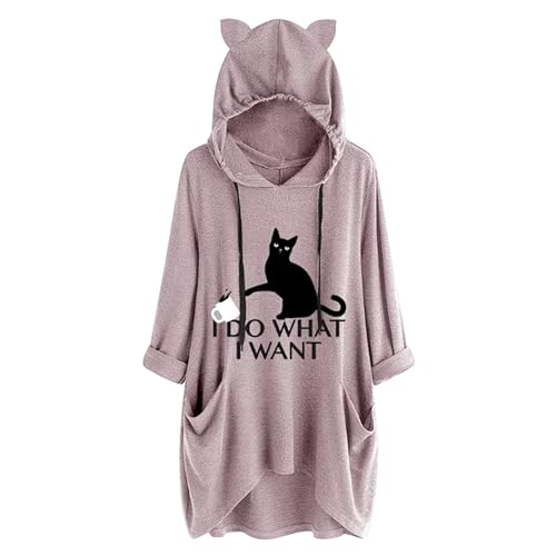 Gesaofa I Do What I Want Cat Graphic Hoodies for Women Irregular Hem 3/4 Sleeve Cat Ear Hooded Tunic Tops with Pockets (Pink,Medium)