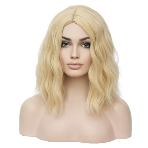 Image of BERON Blonde 12 Inch Wigs for Women Girls Short Curly Wavy Hair Wig 30 cm Light Blond Shoulder Length Body Wave Halloween Cosplay Daily Party Wigs (Light Blonde)