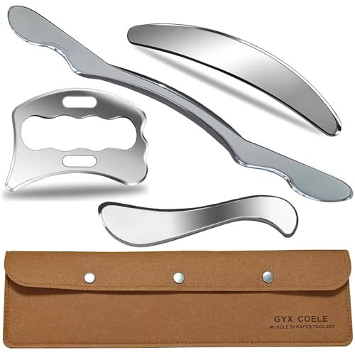 GYX COELE Stainless Steel Muscle Scraper Tool Set, 4-Piece Professional Physical Therapy Massage Tools with Storage Case
