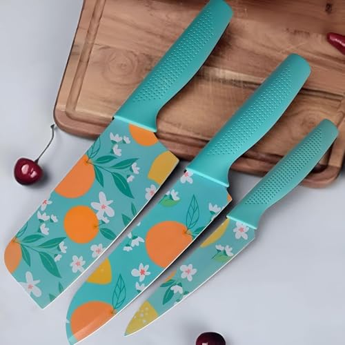 Image of 3-Piece Kitchen Knife Set with High Carbon Stainless Steel Blades, Chef Knife, Utility Knife & Santoku Knife with Ergonomic Blue Handles for Chopping, Printed Knife Set (Blue)