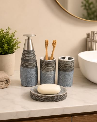 Image of Whizzo Premium Grey Bathroom Accessories Set of 4 - Soap Dispenser, Toothbrush Holder, Tumbler & Soap Dish - Modern Textured Ceramic Bath Set for Wash Basin Countertop, Best Gifting (BS-837, Grey)