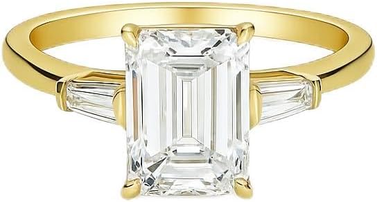 Emerald Cut Moissanite Engagement Ring Three Stone with Side Tapered Baguette Accents 14K Yellow Gold Statement Jewelry Gift for Women Anniversary Wedding Ring