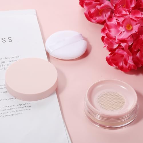 10ml (0.34oz) Loose Powder Containers, No Leak Plastic Empty Reusable Refillable Travel Compact Portable Makeup Powder Case Container with Pink Screw Lid, Elastic Net Sifter Sponge Puff2