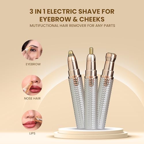 Image of Eyebrow Trimmer for Women, 3 in 1 Rechargeable Facial Hair Remover with Replaceable Heads, Professional Painless Personal Hair Removal For Eyebrows, Upper Lips, Face, Nose, Ear Hair (Rose Gold)