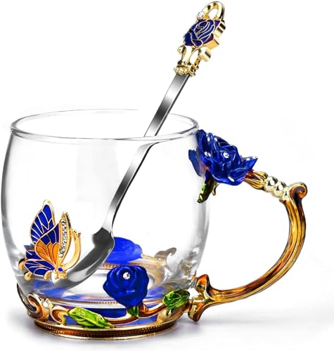 Reviews de Tazas de té que Puedes Comprar On-line. 50 Juego de Taza de té y Taza de Café de Vidrio con Cuchara - Hermosa Flor Mariposa Rosa Taza, Regalo perfecto (Azul Corta)