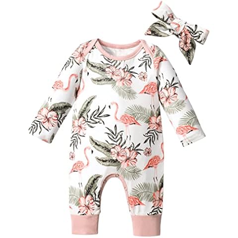 Newborn Baby Girl Clothes Floral Long Sleeve Footless Romper Jumpsuit Cotton, Pink + Flamingo, 3-6 Months Cover
