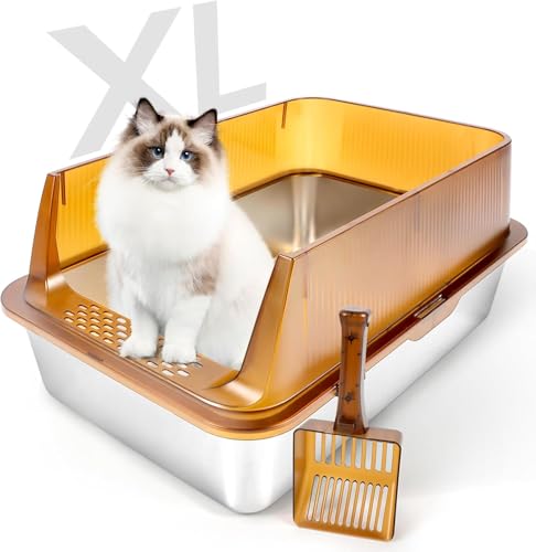 Bartuke Cat Litter Box Stainless Steel, Metal XL Large High Sided Cat Litter Tray with Scoop, Detachable Spill Preventing Rim, Easy Clean, For Kittens Large Medium Cats(Brown)