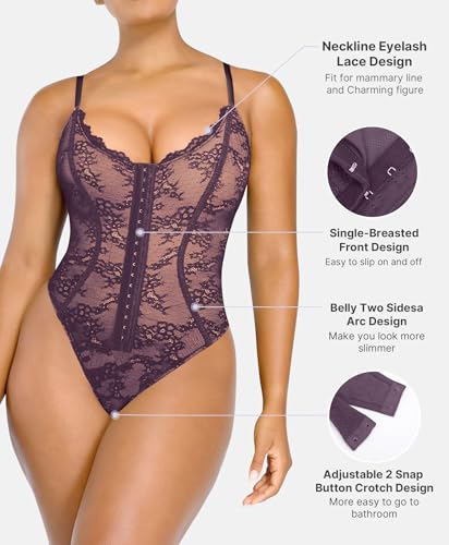 Image of SHAPELLX Lace Bodysuit for Women Tummy Control Shapewear Backless Body Suits One Piece Body Shaper Thongs