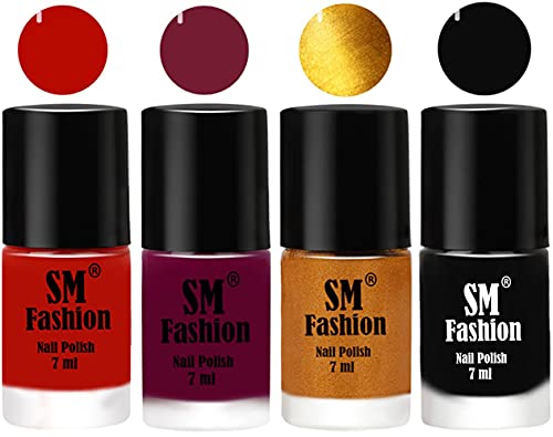 Image of Nail Polish Combo Set (Pack of 4) Quick Dry Gel Finish Nail Paint | Red Orange,Mulberry,Golden,Black | 7 ml Each
