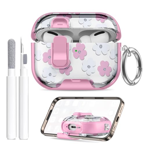 Image of Compatible Airpods Pro 3 Case (2025) with Phone Stand & Cleaner Kit,Cute Flower Print Soft Silicone Lock Clip Apple AirPods Pro 3rd Generation Case, Airpod Pro 3 Cover with Keychain for Women /Girls