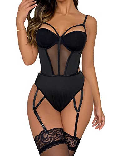 Milumia Women's Cut Out Contrast Mesh Underwire Teddy Lingerie Bodysuit with Stockings Black Large