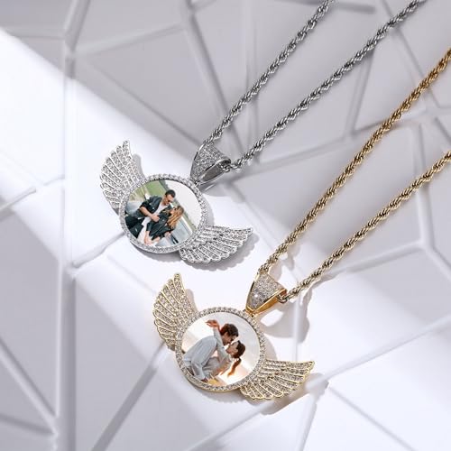 Personalized Hip Hop Necklace for Men Women Custom Angel Wing Pendant Customized Memorial Necklace with Picture Inside/Text Personalized Photo Pendant Gifts for Boyfriend2
