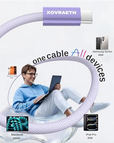 Image of USB C to USB C Cable, 10ft, 100W PD 5A Fast Charging Cord, Aluminum Connector & Nylon Braided Type C Charger Cord for iPhone 17 /16 /15, MacBook Air /Pro, iPad Pro, Samsung S25 /S24 /S23, Pixel 10(Purple)