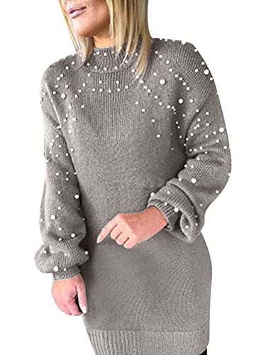 Onsoyours Damen Pullover Strickkleider Stretch Pulloverkleid Strickkleid Frauen Pulli Reißverschluss Winterkleid Stricken Tunika Kleid Y Grau XL
